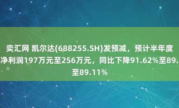 奕汇网 凯尔达(688255.SH)发预减，预计半年度归母净利润197万元至256万元，同比下降91.62%至89.11%